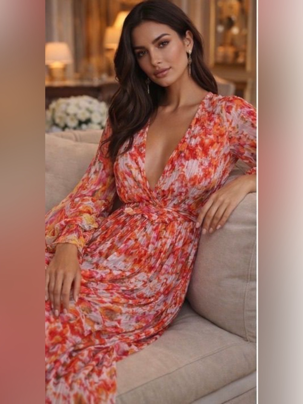 Rococo Floral V-Neck Long Sleeve Maxi Dress in Coral Multi